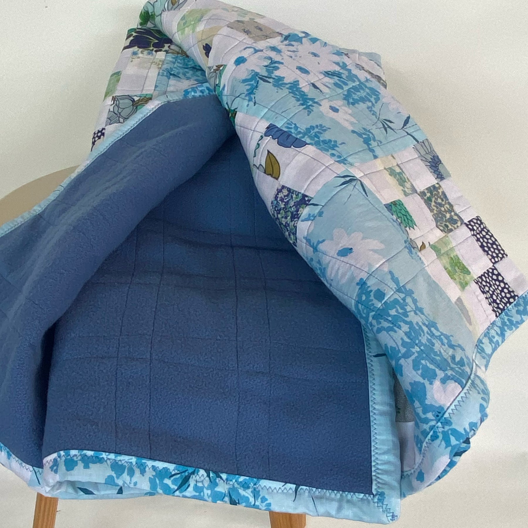 Cobalt Treasure Handmade Quilt Upcycled Vintage Fabrics & Wool Blanket