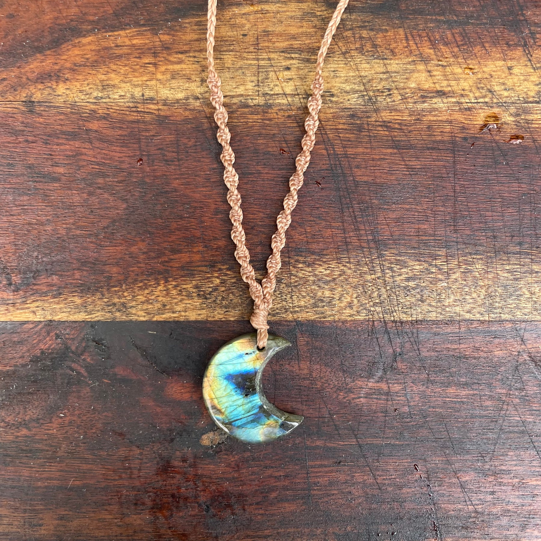 Labradorite Pendant: Crescent moon Beaded Macrame, Adjustable Boho Gift