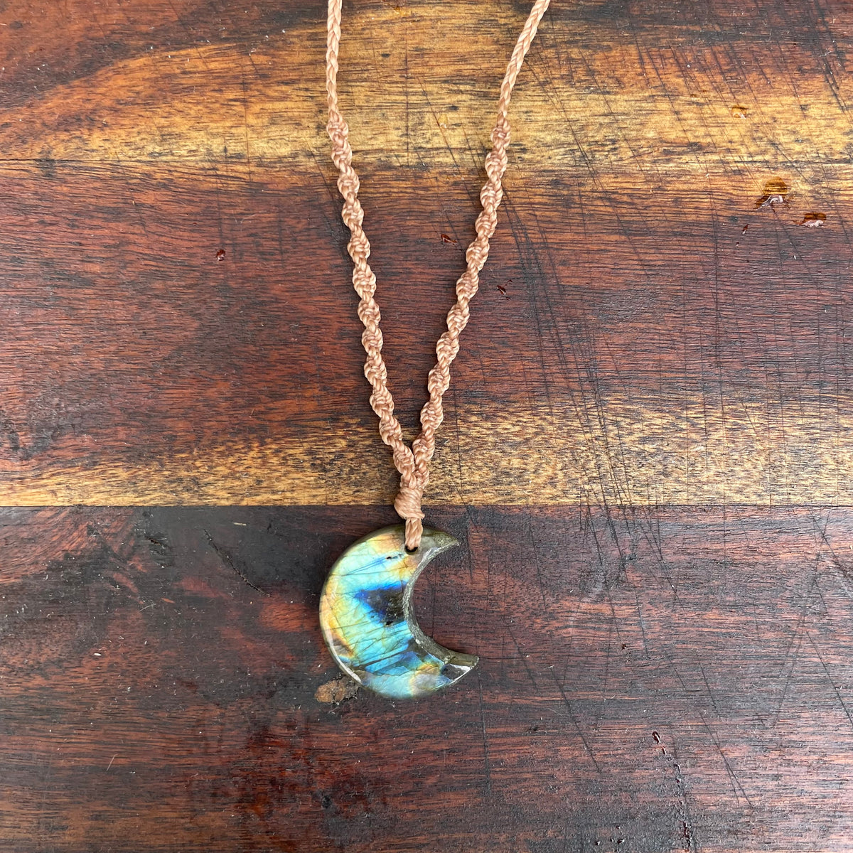 Labradorite Pendant: Crescent moon Beaded Macrame, Adjustable Boho Gift