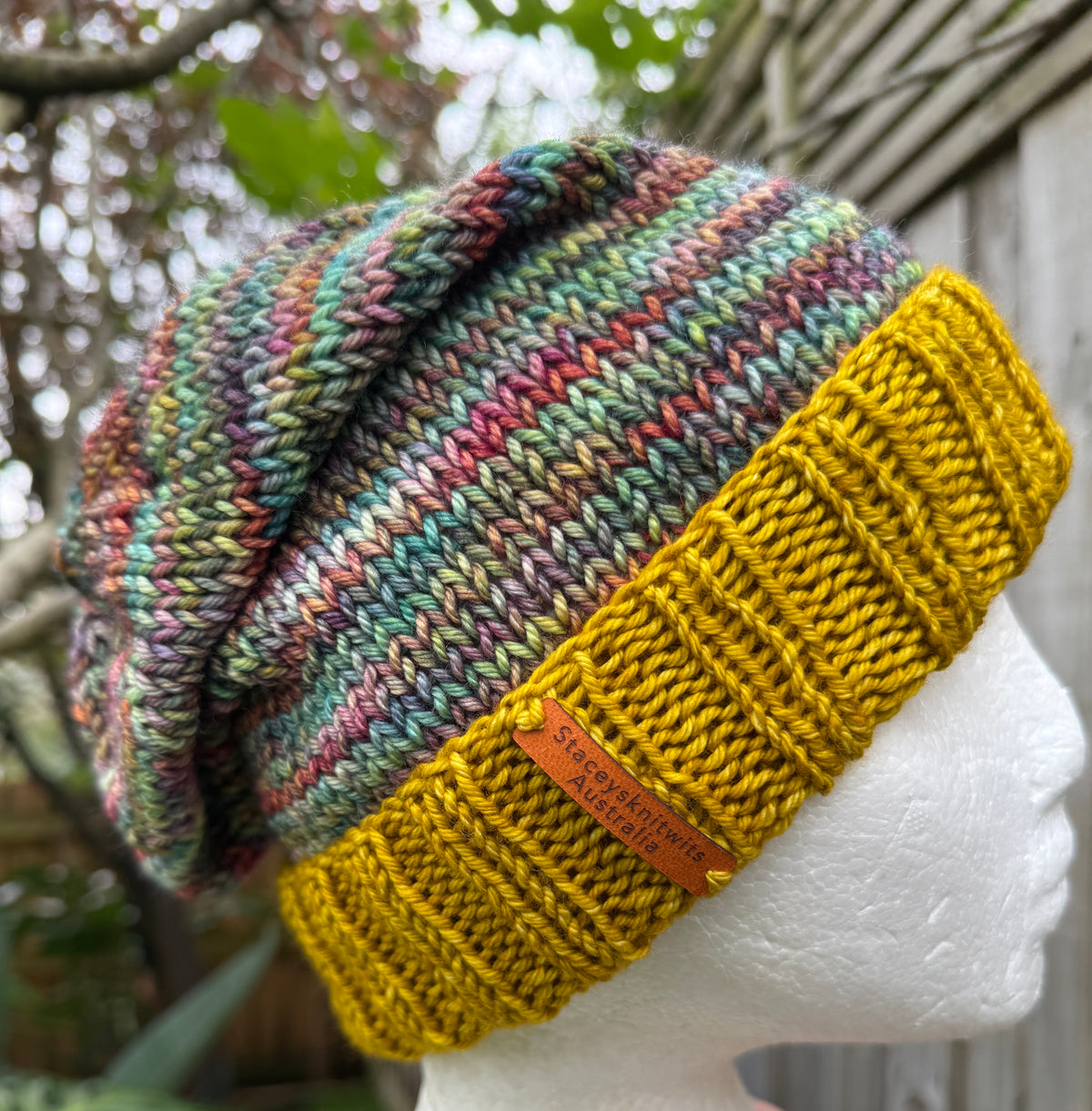Merino Slouchy Beanie, Hand Knitted Mustard & Rainbow Slouchy