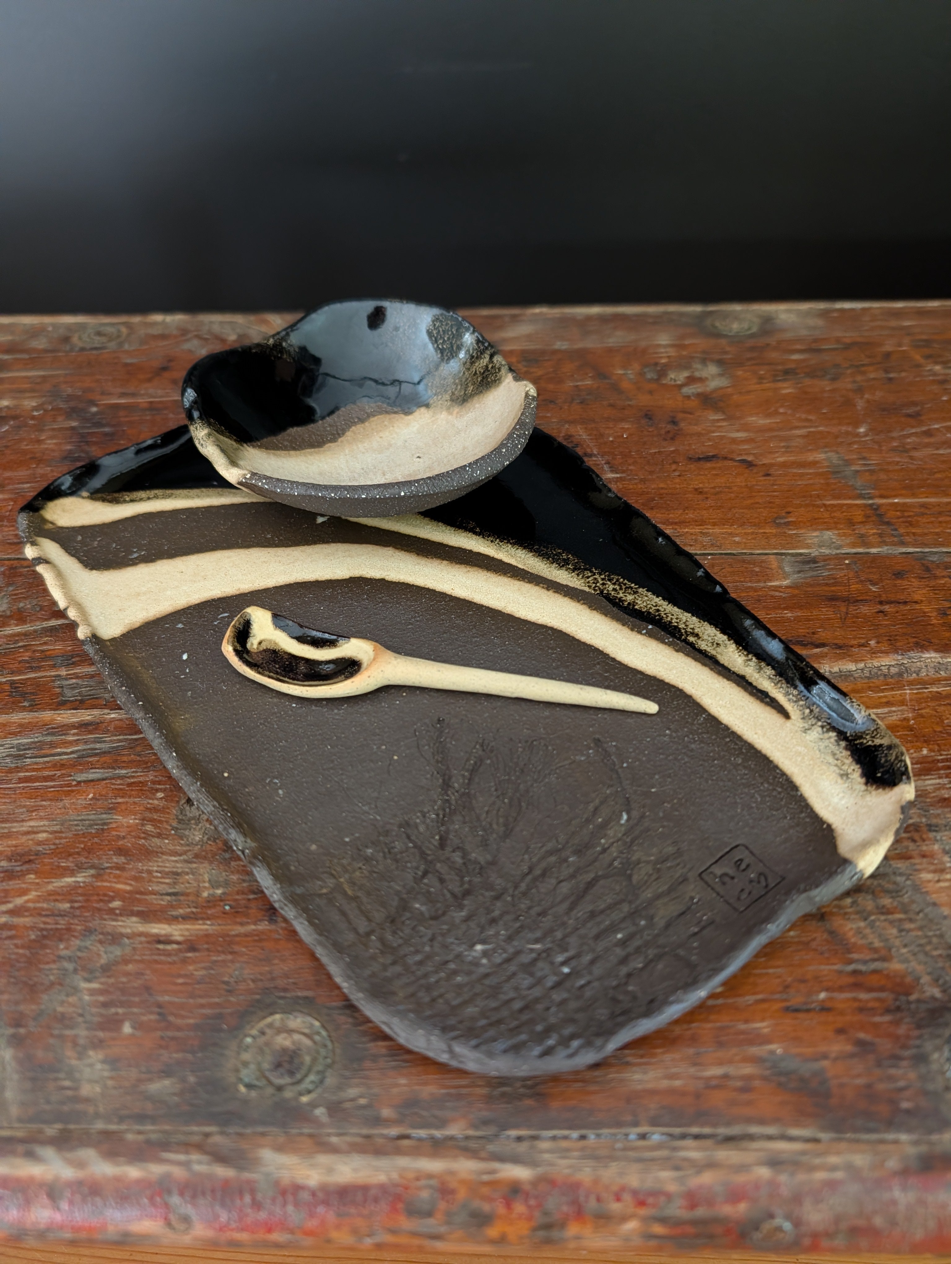 Earthy Handbuilt Ceramic Platter with Matching Bowl and Spoon - Rustic Stoneware Set