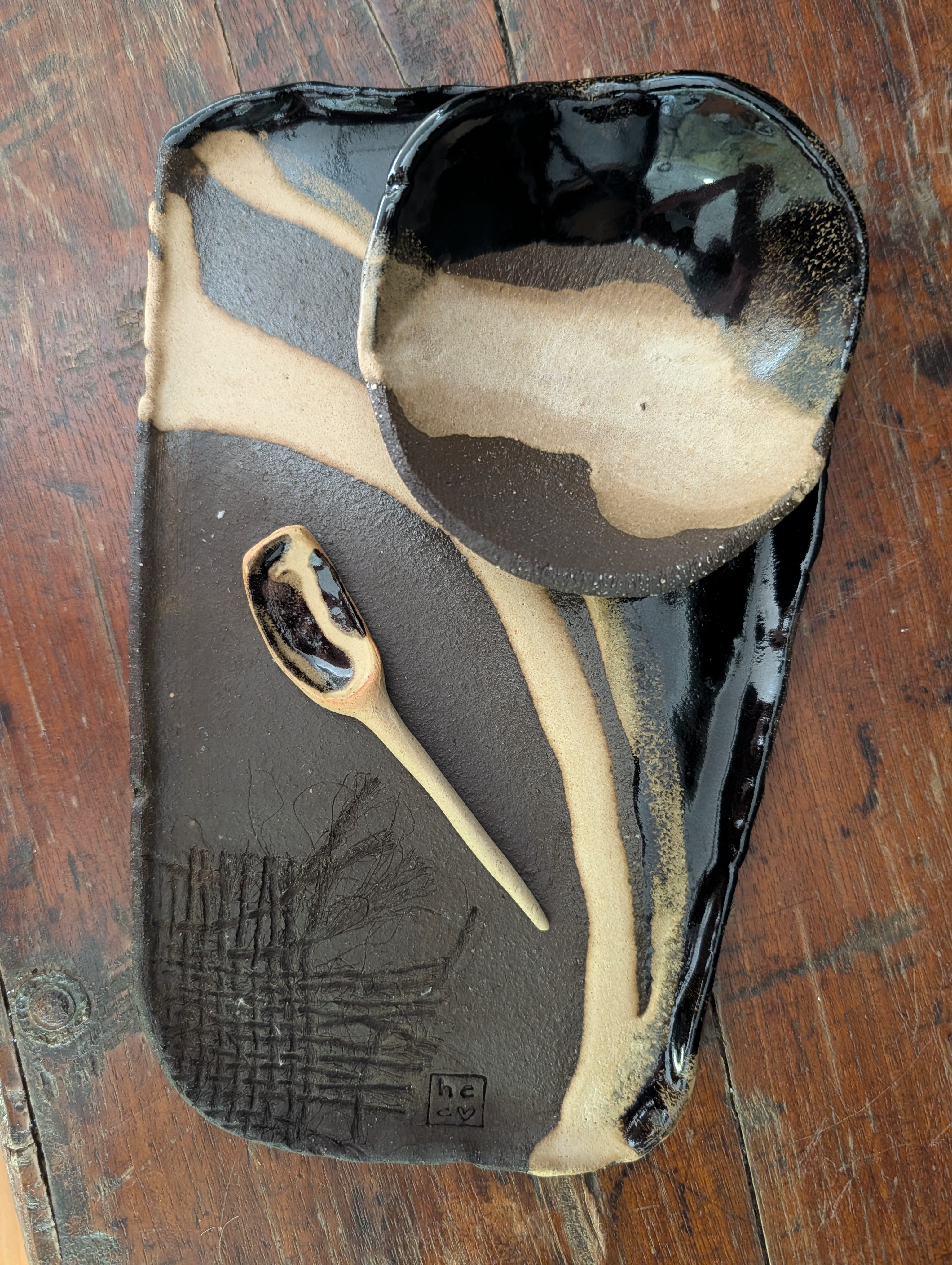 Earthy Handbuilt Ceramic Platter with Matching Bowl and Spoon - Rustic Stoneware Set