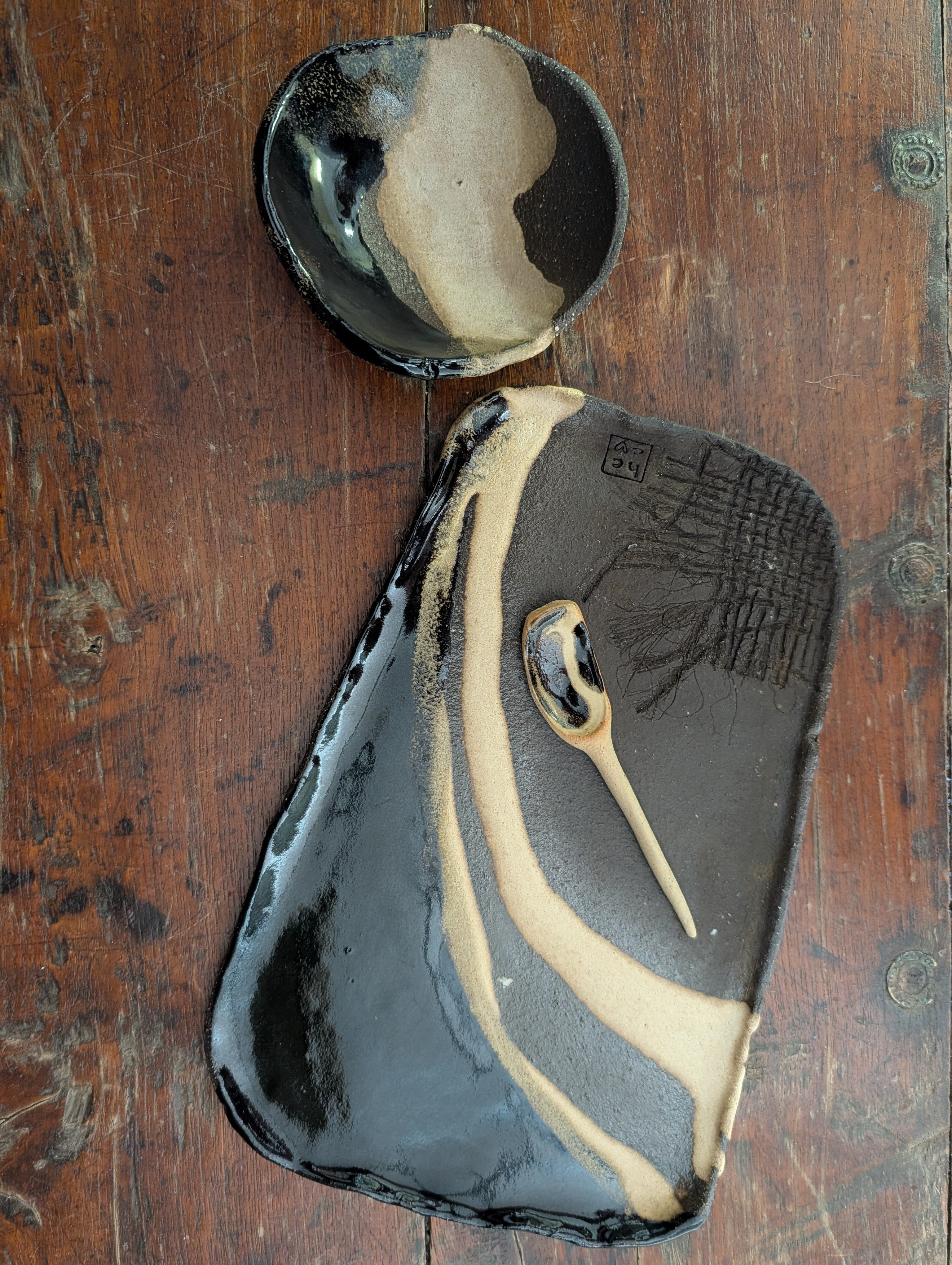 Earthy Handbuilt Ceramic Platter with Matching Bowl and Spoon - Rustic Stoneware Set