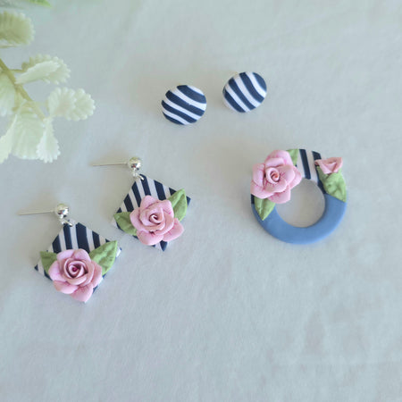 Handmade Pink Rose Earrings | Navy Striped Polymer Clay Dangles | Floral Statement Earrings | Costal | Stripe Studs | Glasses Brooches