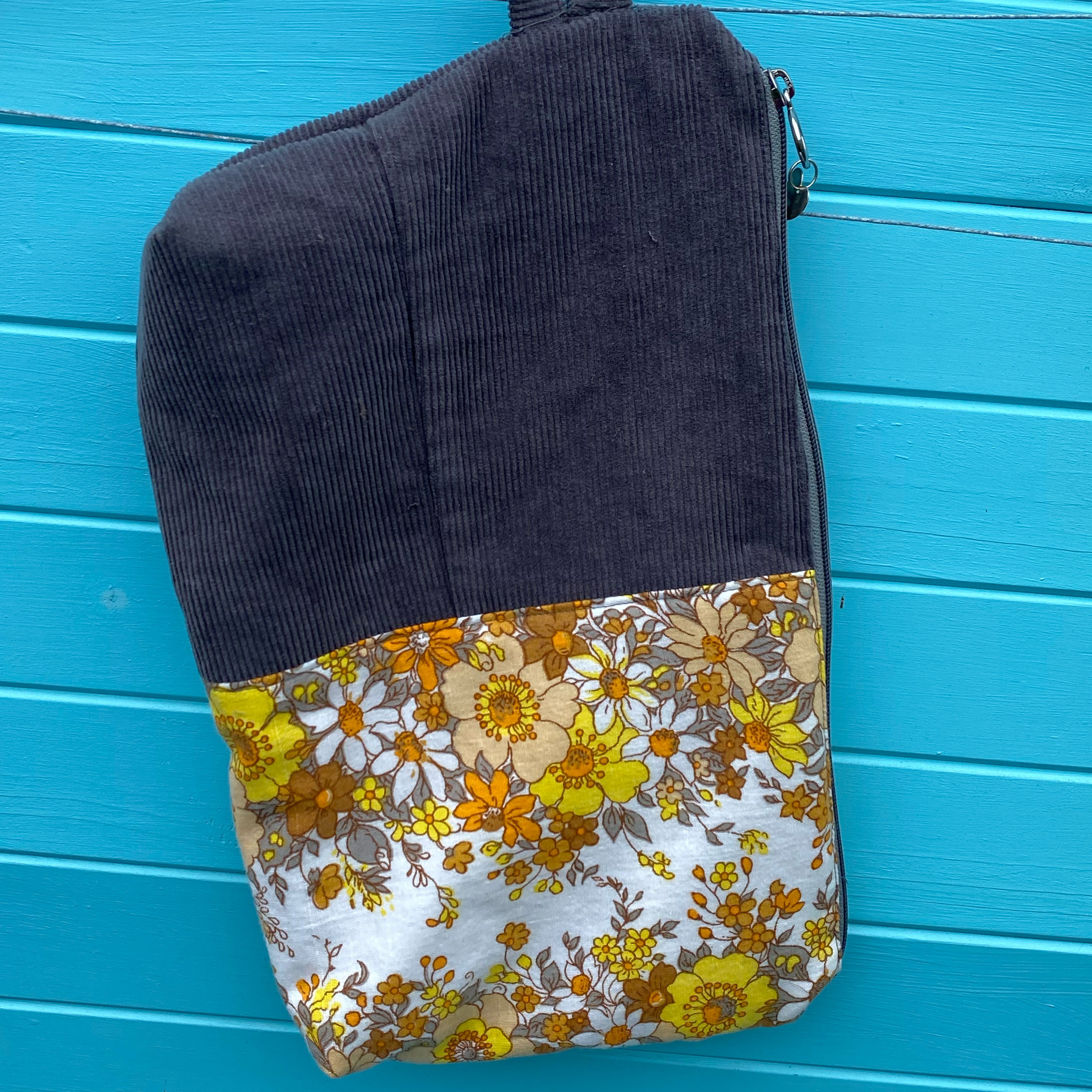 Wildflower Cord Pouch Cosmetic Everyday Bag Upcycled Vintage Fabrics & Denim