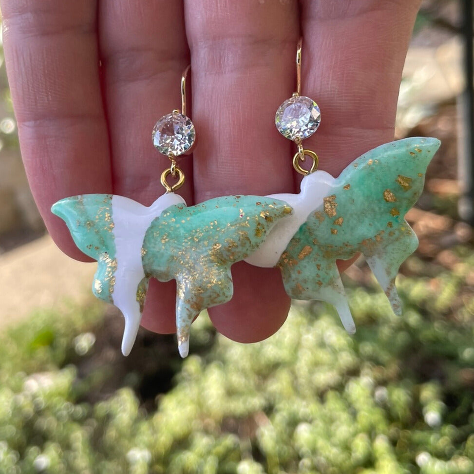 Lunar Moth green and gold and white polymer clay earrings