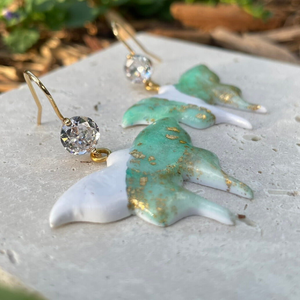 Lunar Moth green and gold and white polymer clay earrings