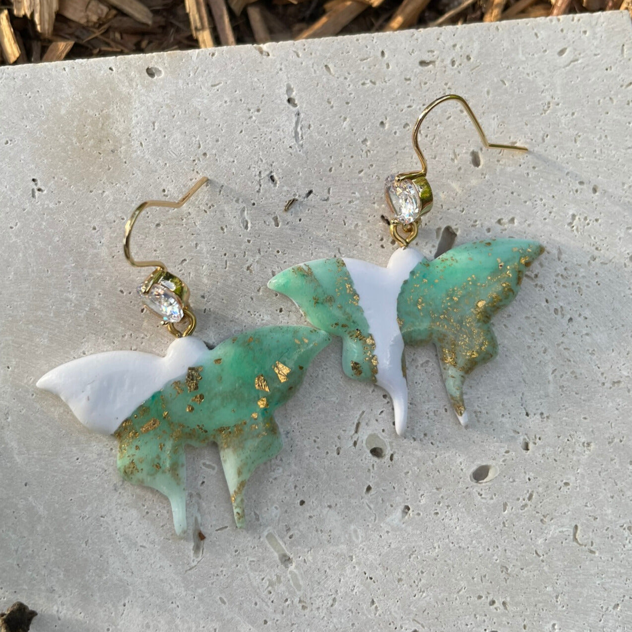 Lunar Moth green and gold and white polymer clay earrings
