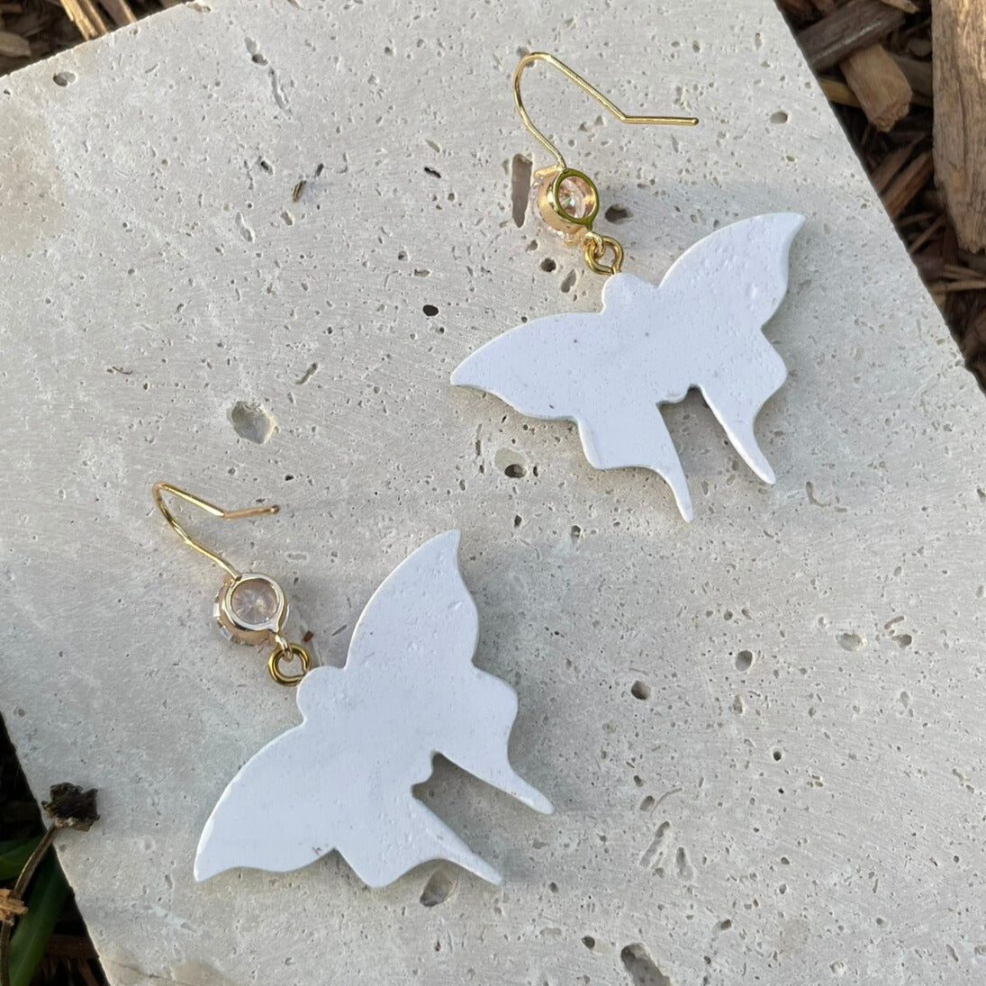 Lunar Moth green and gold and white polymer clay earrings