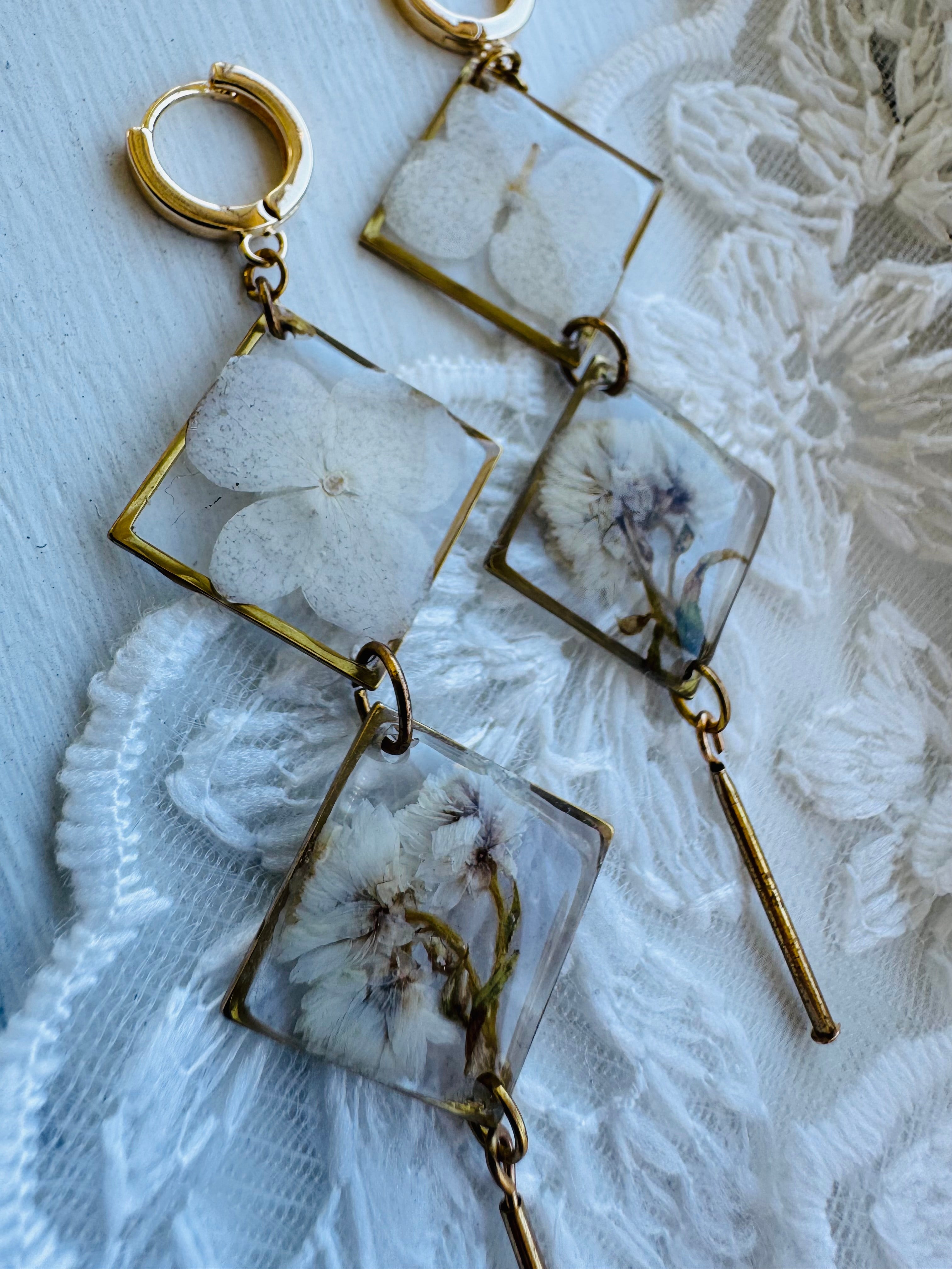 Floral double rhombus resin earrings