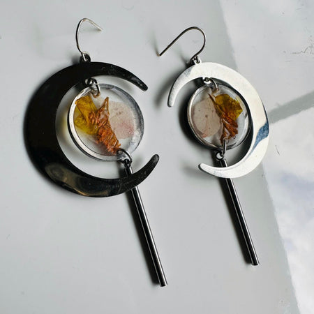 Silver moon earrings with pressed flowers