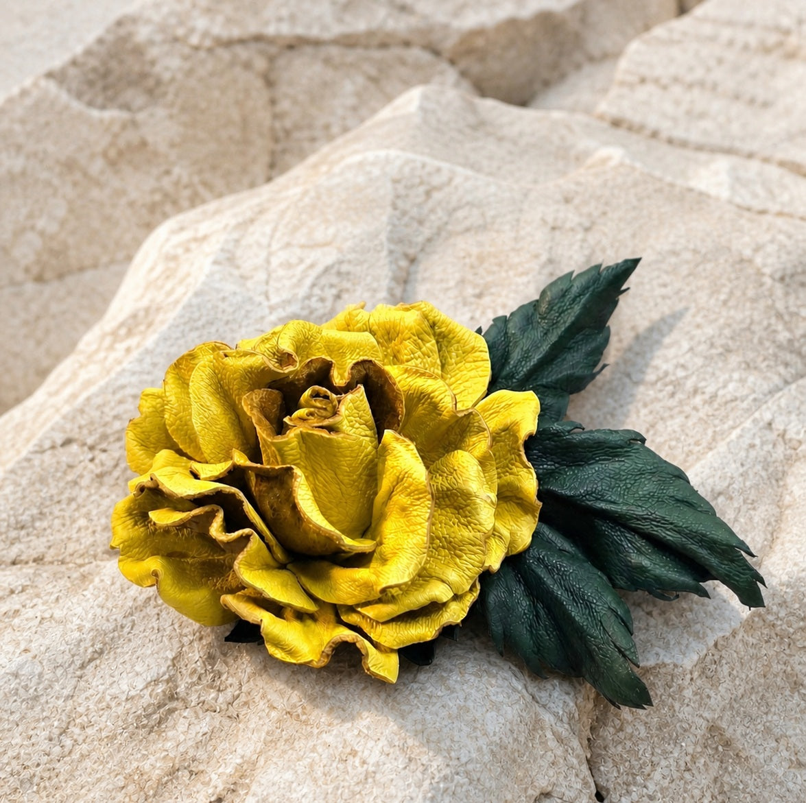 Leather Rose “Golden Olive”  Brooch Flower,  Hair/Hat  Clip