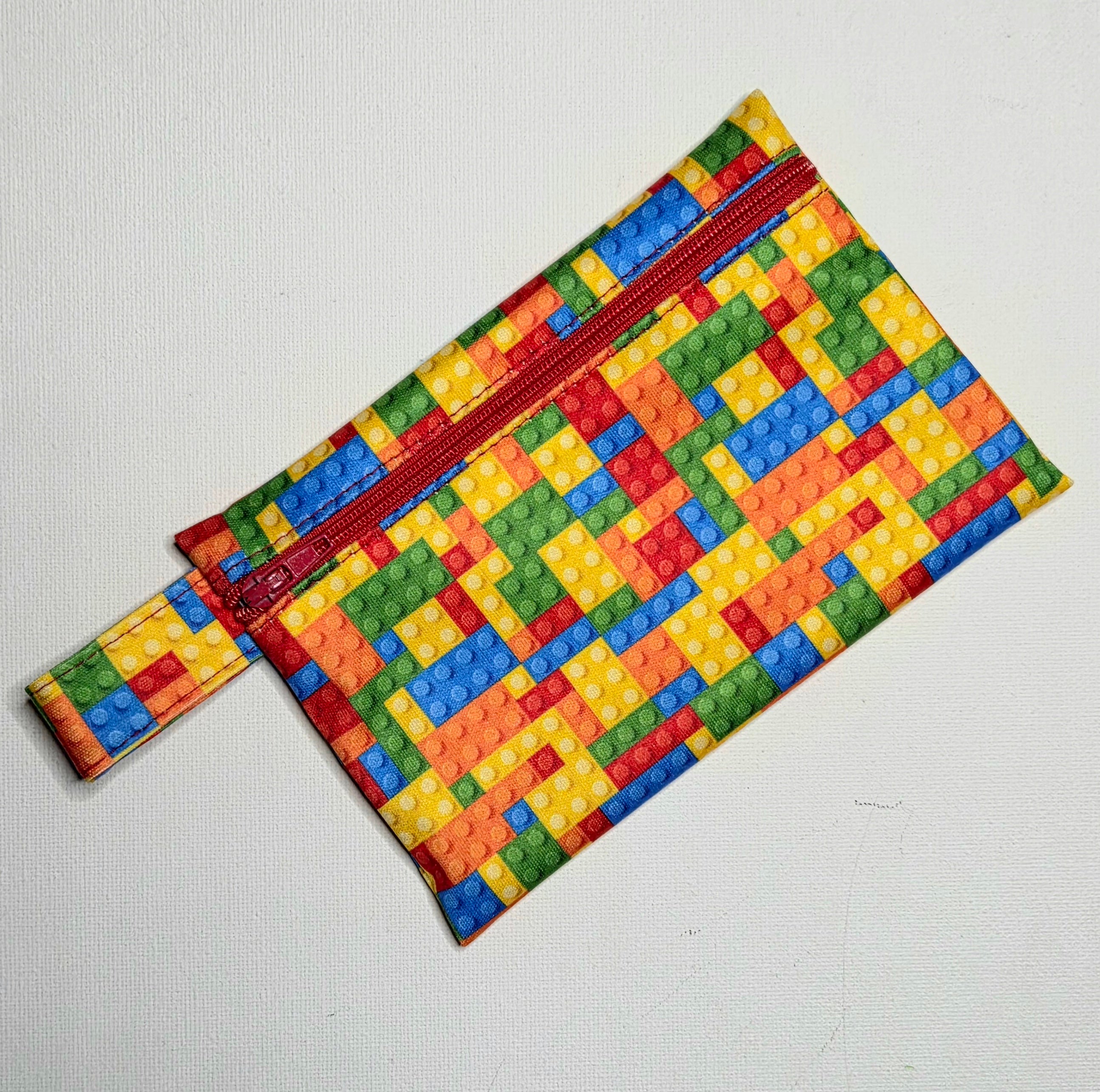 Mini Wet Bag, Colourful Building Block fabric, 15cms x 10cms