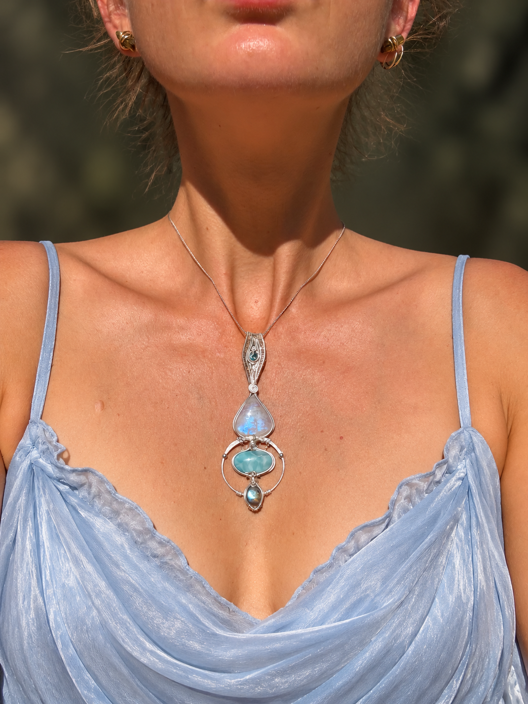 Moonstone, Topaz, Larimar, Labradorite Crystal pendant in silver