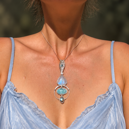 Moonstone, Tooaz, Larimar, Labradorite Crystal pendant in silver