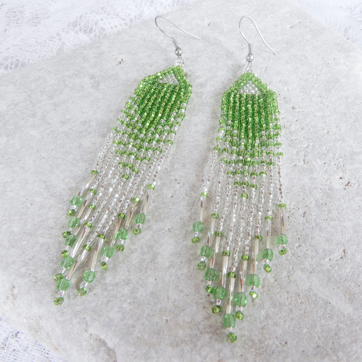 Green & Silver Beaded Fringe Earrings