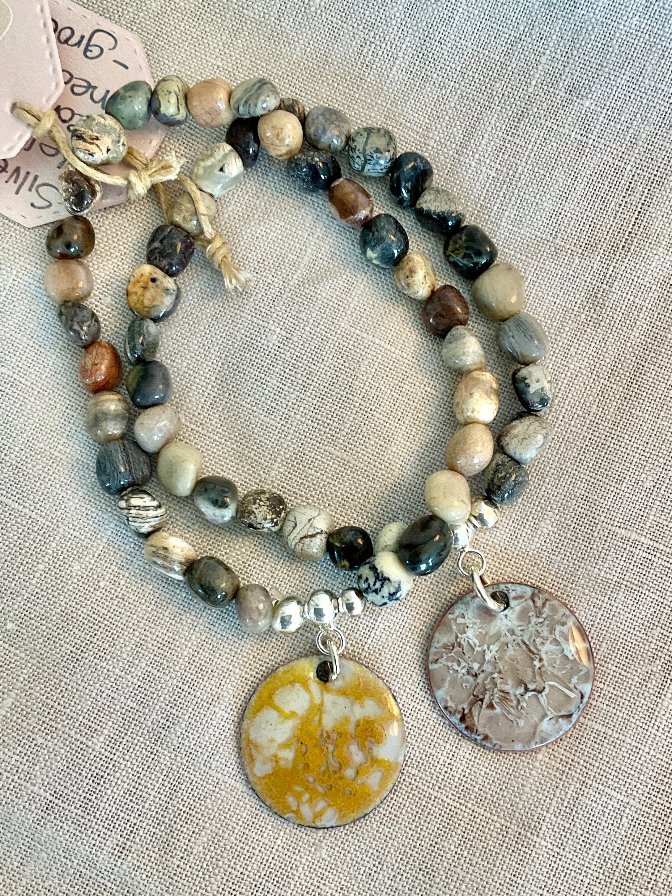 Silver leaf Jasper gemstone bracelet with enamel charm