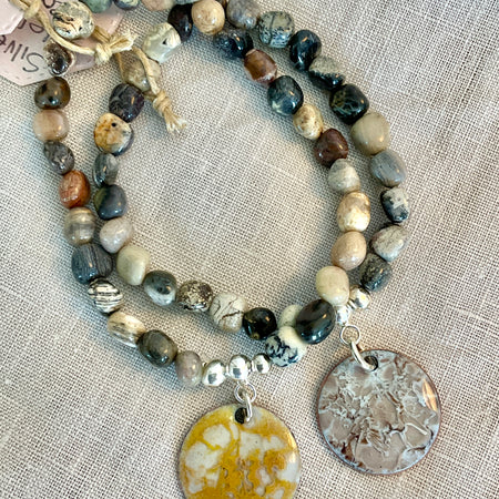Silver leaf Jasper gemstone bracelet with enamel charm