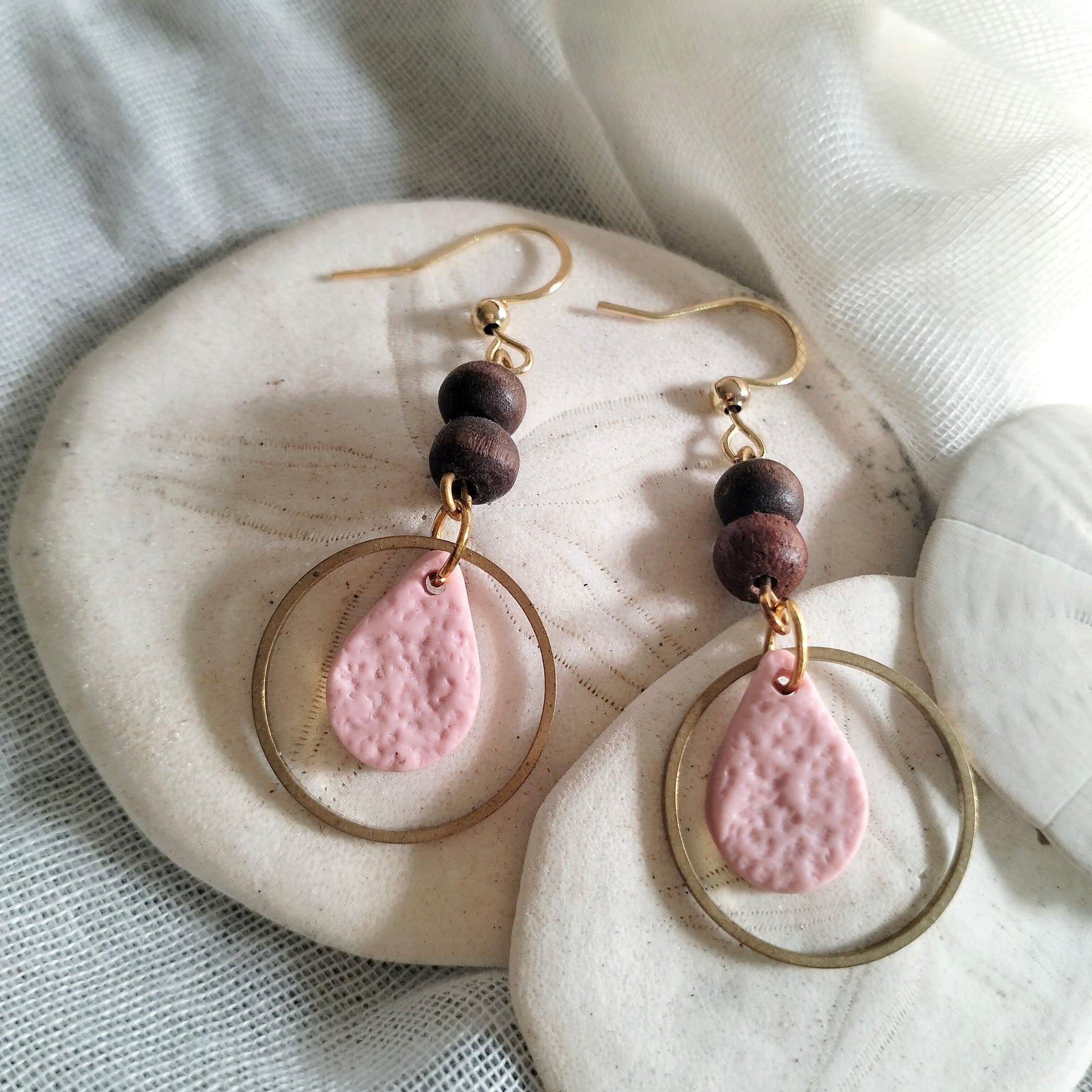 Earrings - Textured Teardrops and Wood - Artful Dangles