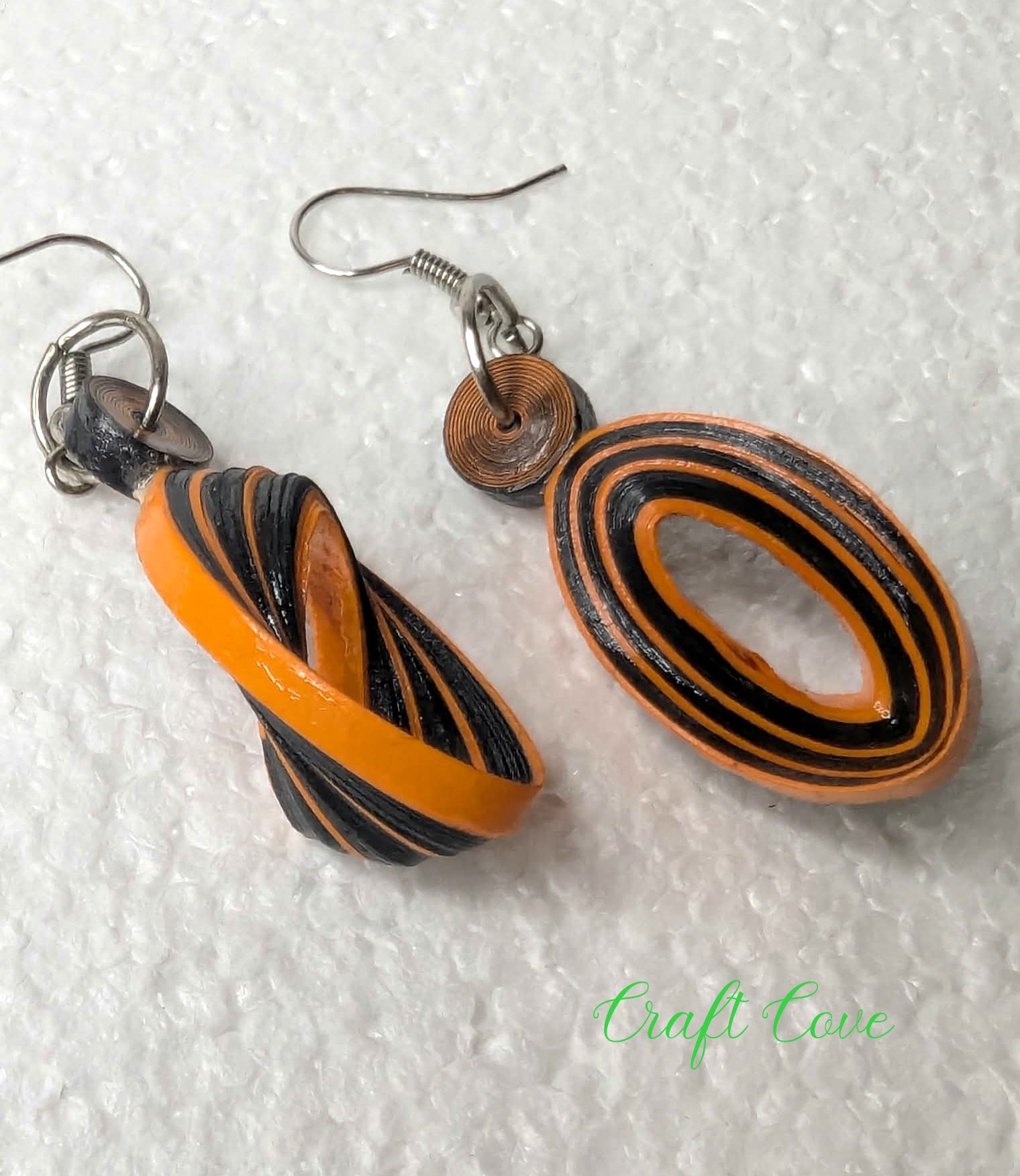 Earrings Quilled Orange and Black Tiger Skewed