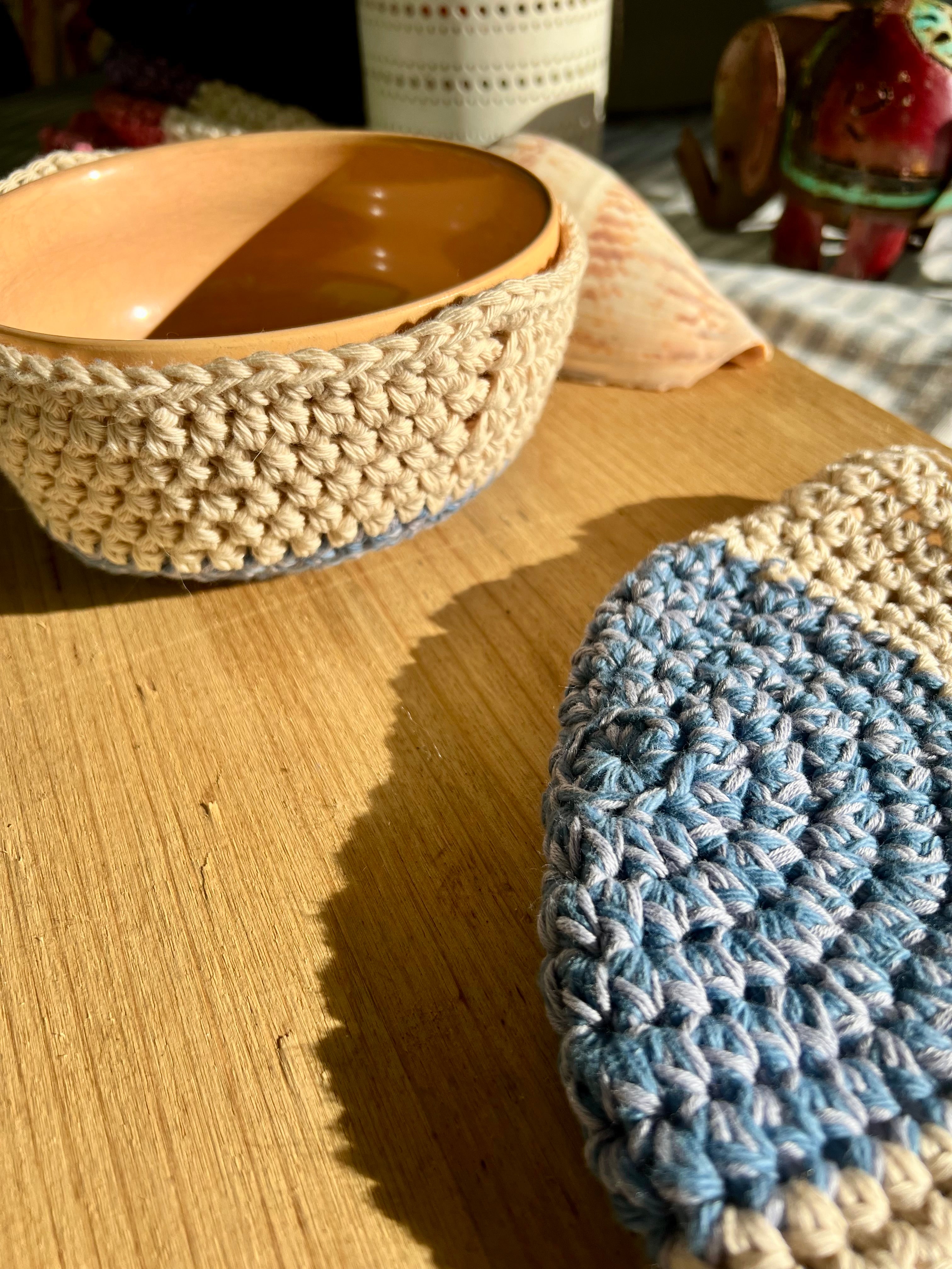 Crochet Bowl Cozy Set of 2 - Handmade Cotton Bowl Holders -  Housewarming Gift