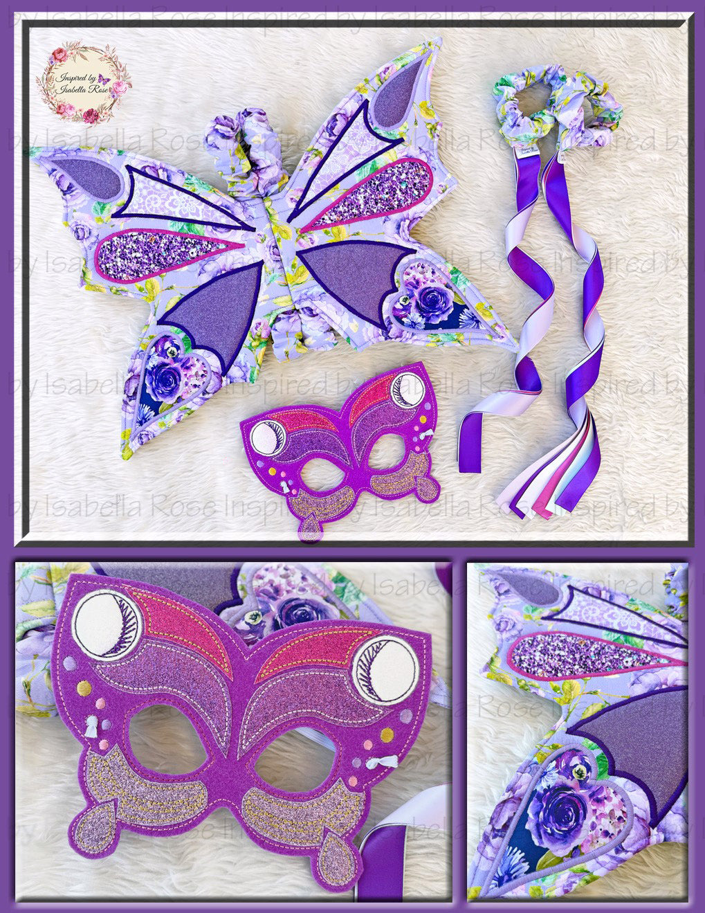 Fairy fabric wings, Embroidered Mask, Dancing ribbons, Made to order