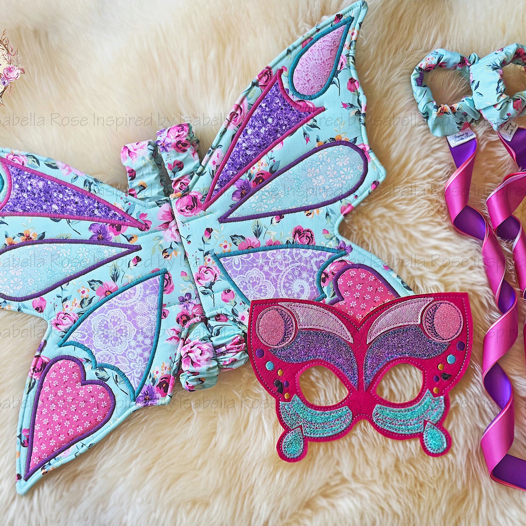 Fairy fabric wings, Embroidered Mask, Dancing ribbons, Made to order