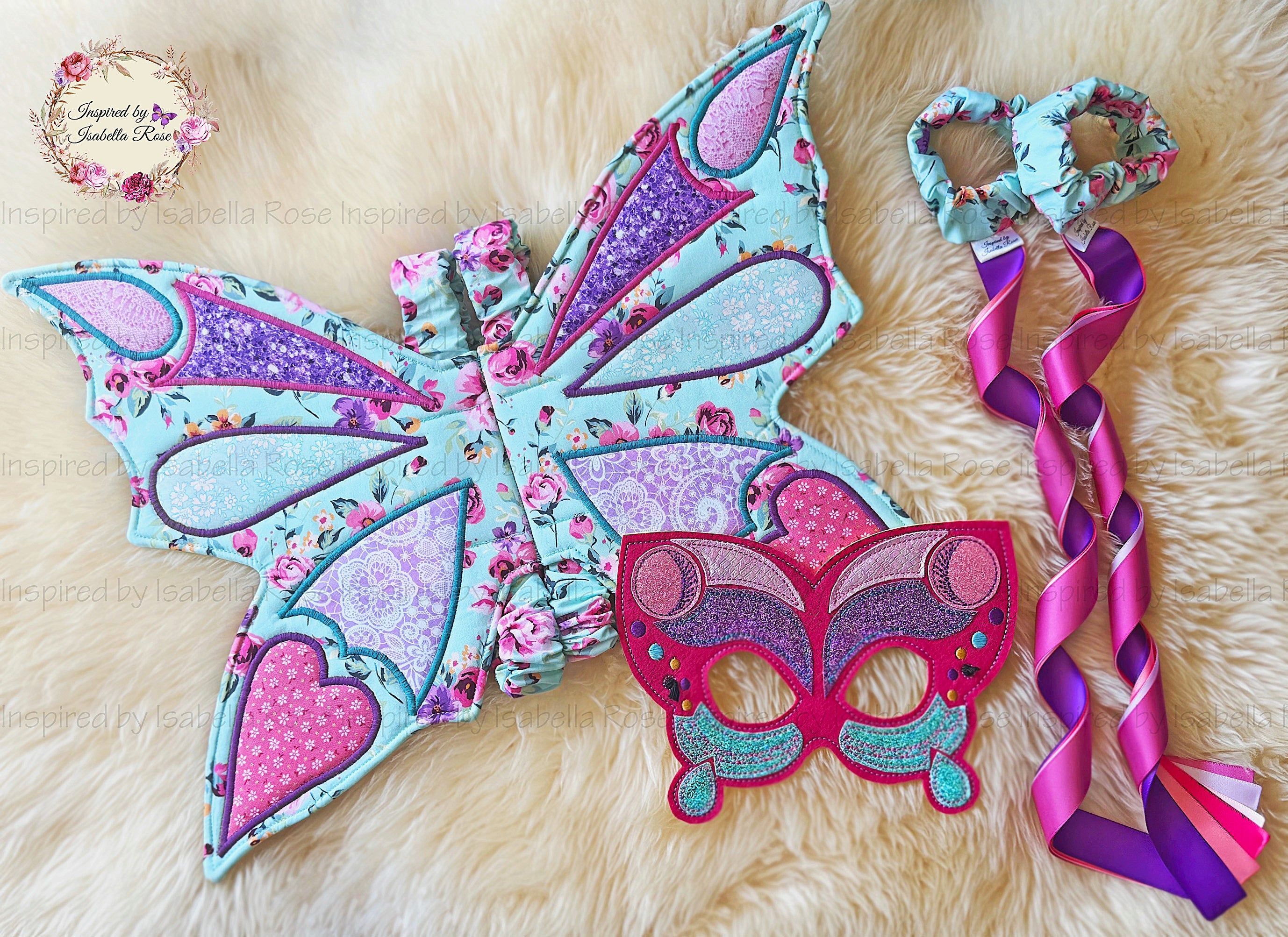 Fairy fabric wings, Embroidered Mask, Dancing ribbons, Made to order
