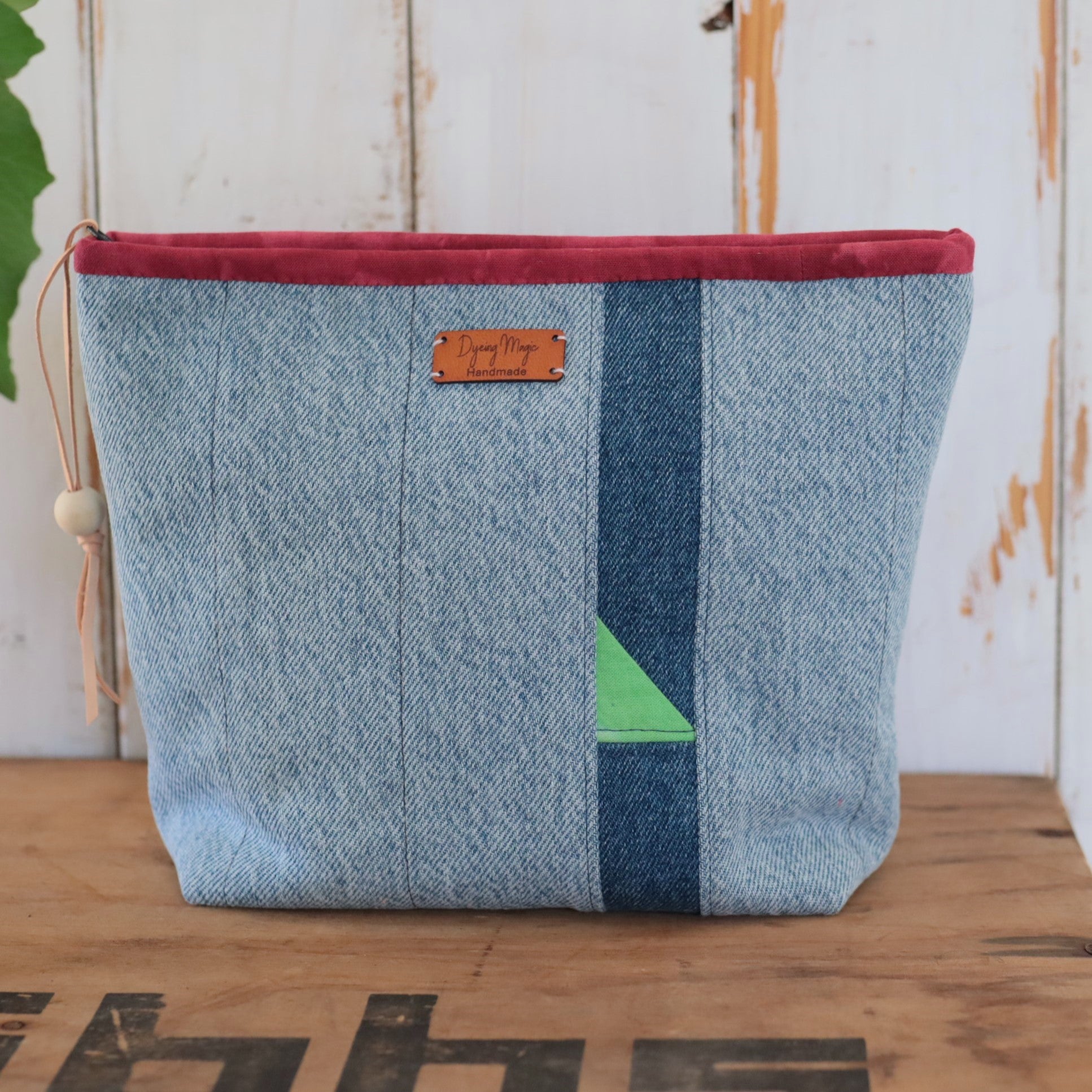 Hand Dyed and Denim Patchwork Zipper Pouch, Makeup Bag