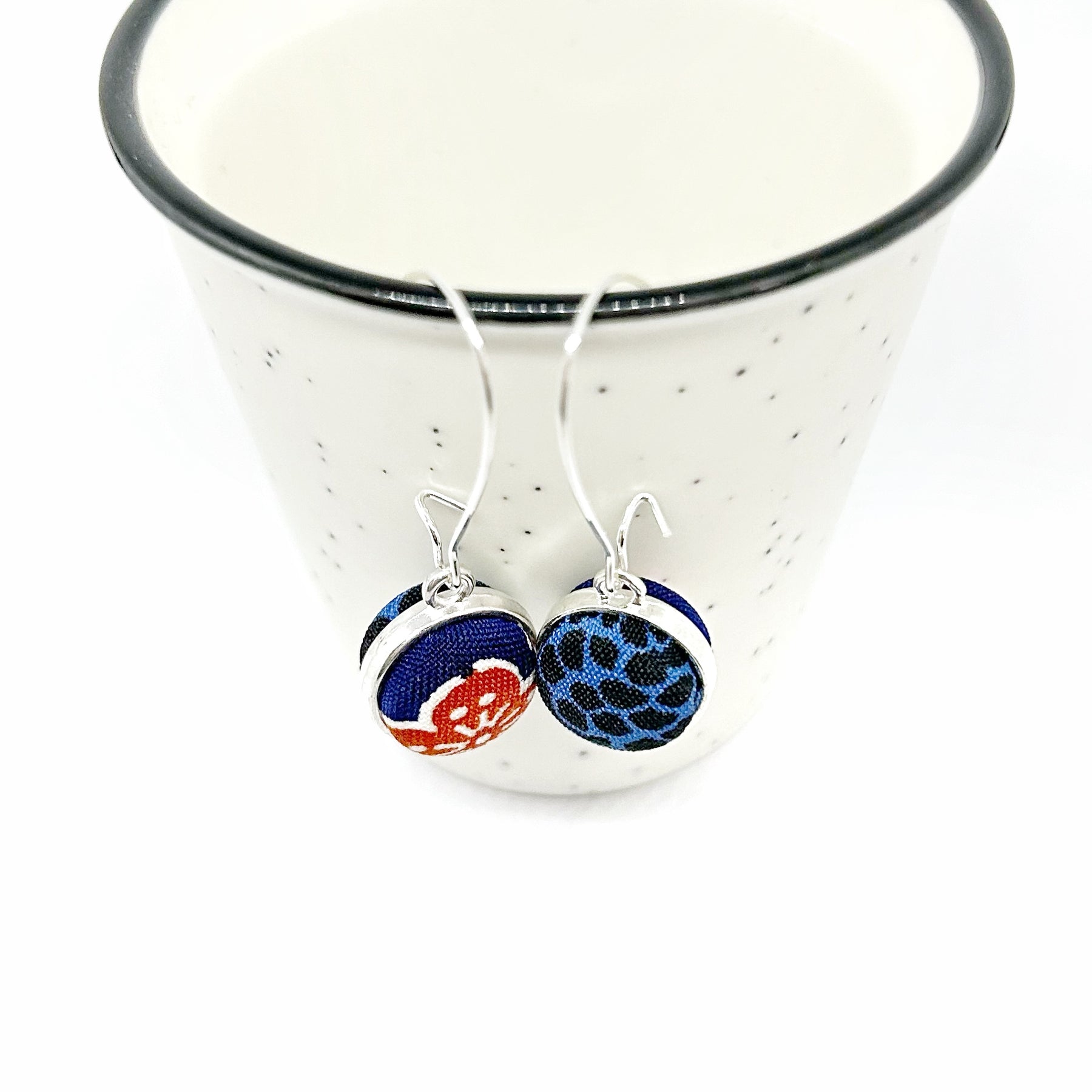 Double Sided Fabric Button Earrings - Blue and Red