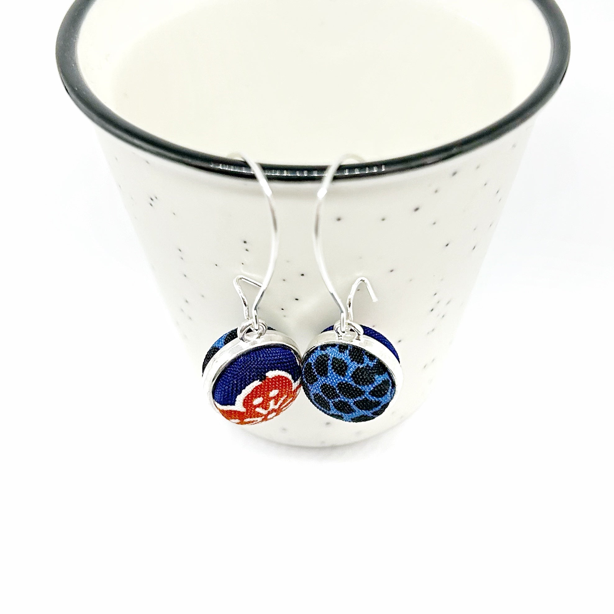 Double Sided Fabric Button Earrings - Blue and Red