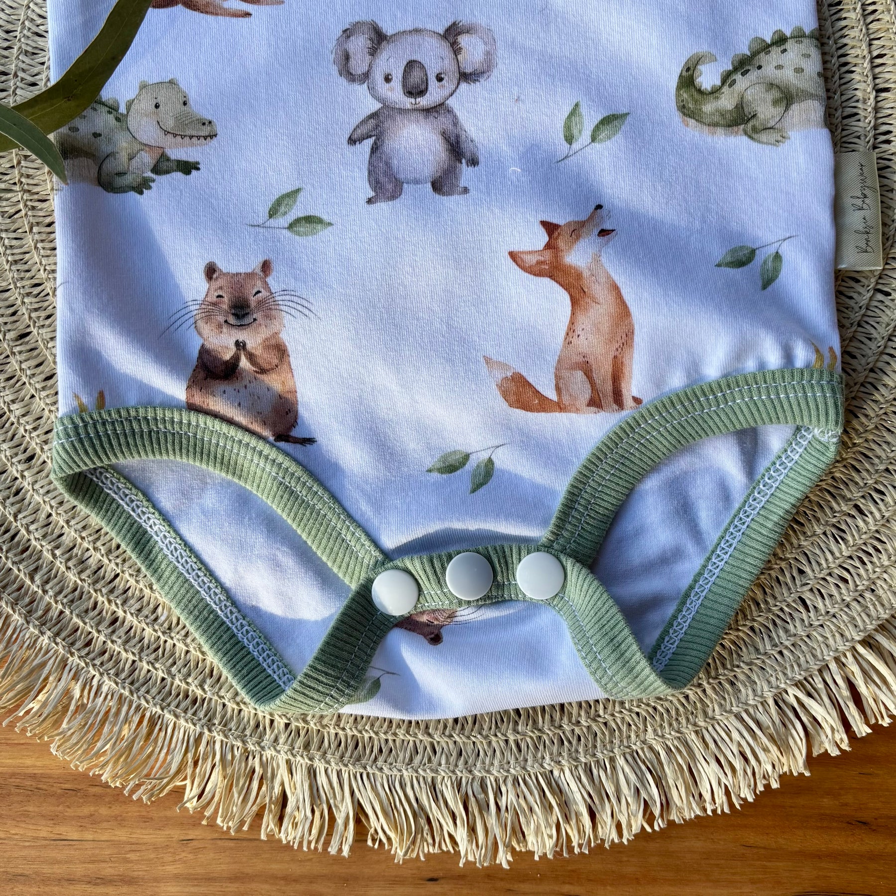 Baby Short Sleeved Bodysuit and Shorties | Green Aussie Animals | Size premmie to 2 | Made to order
