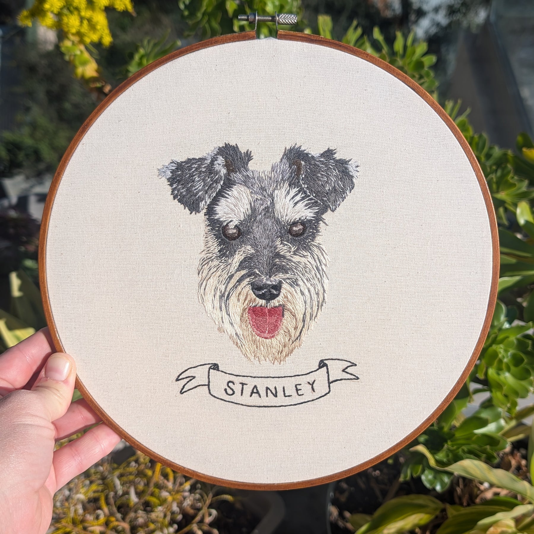 Custom, personalised, hand-stitched pet portrait in full colour