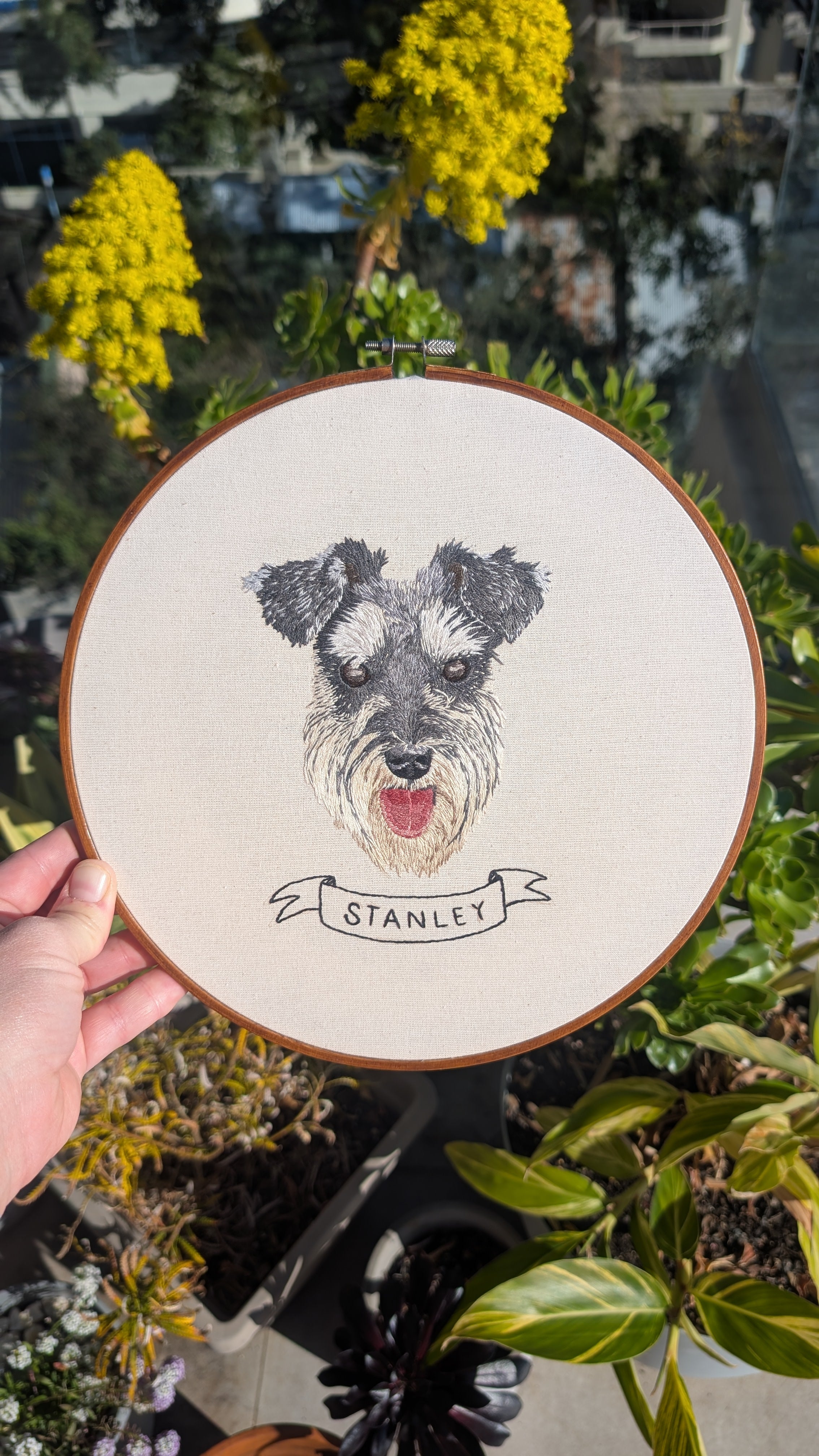Custom, personalised, hand-stitched pet portrait in full colour