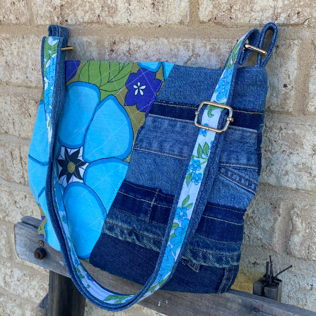Handmade Shoulder Bag Upcycled Vintage Retro - Blue Bloom