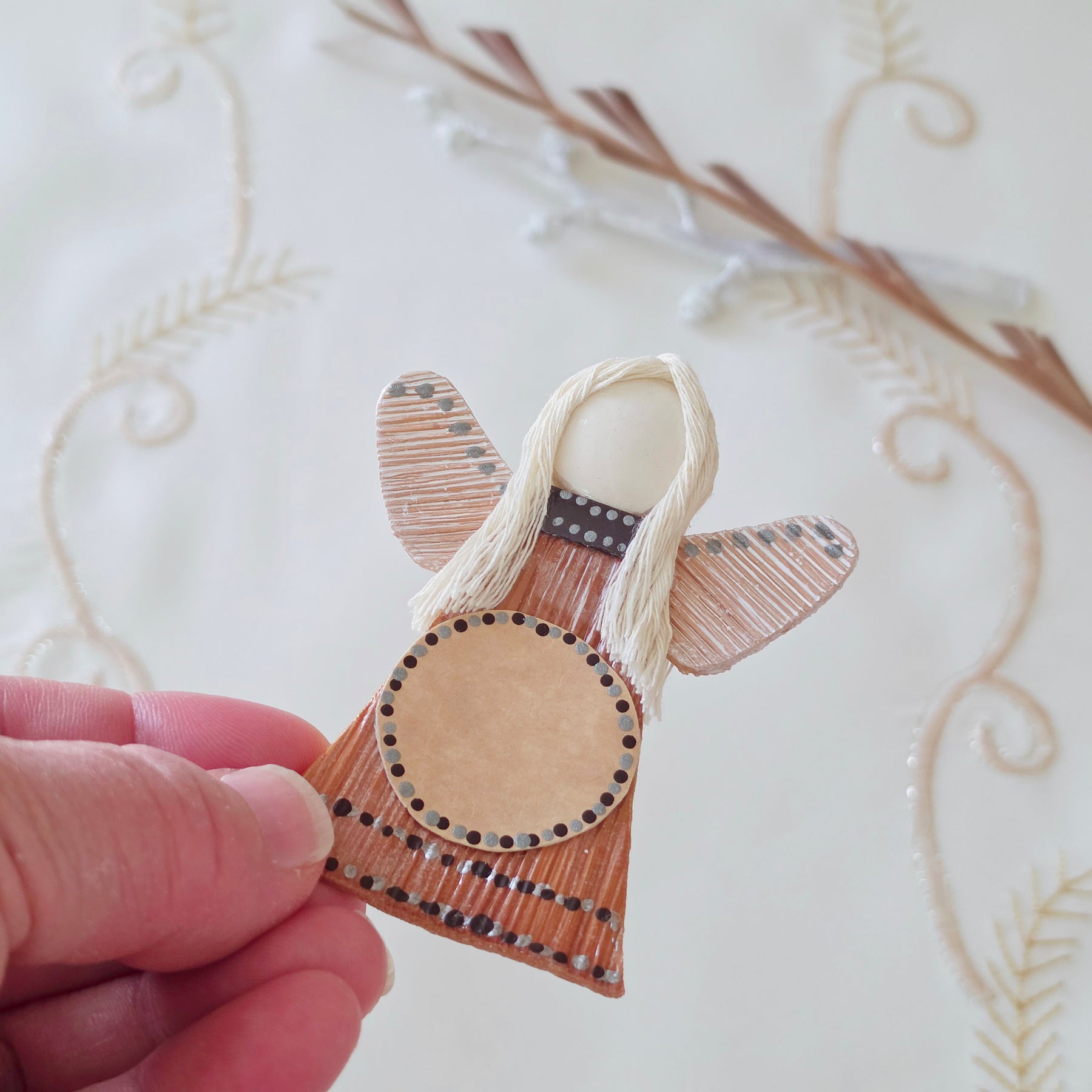 Hello - Palm Angel Ornament Keepsake, black and silver dots
