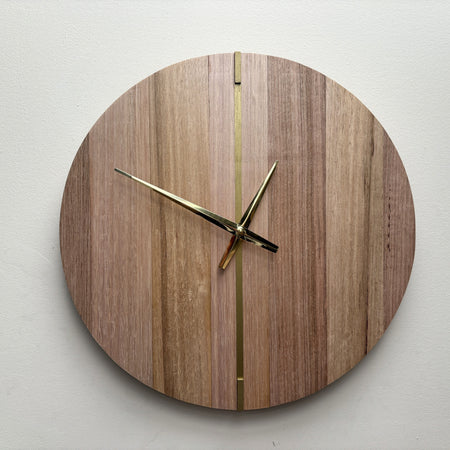 Meridian – Handmade Tasmanian Oak Wall Clock | Brass Coloured Inlay, No Numerals, Silent Movement | 30cm or 40cm