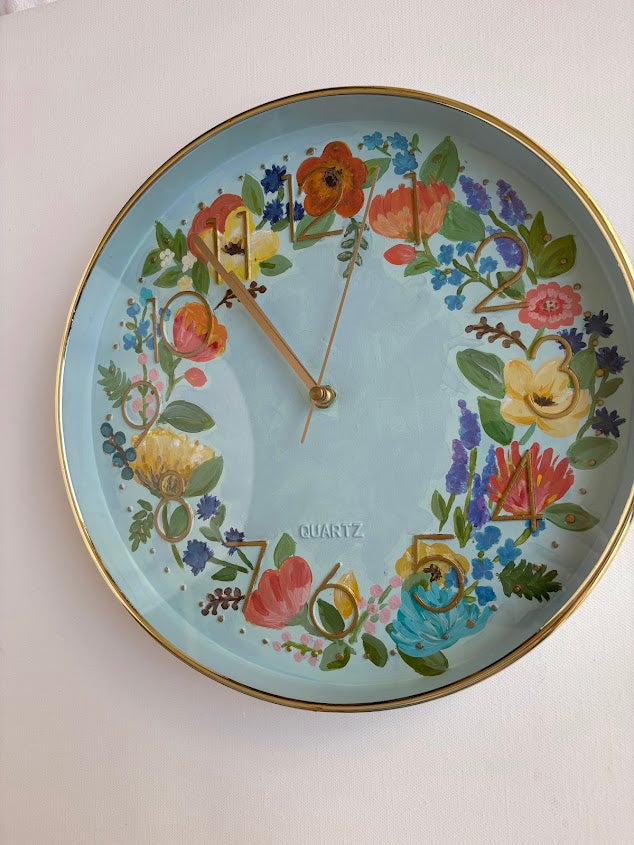 Floral Wall Clock - Baby Blue