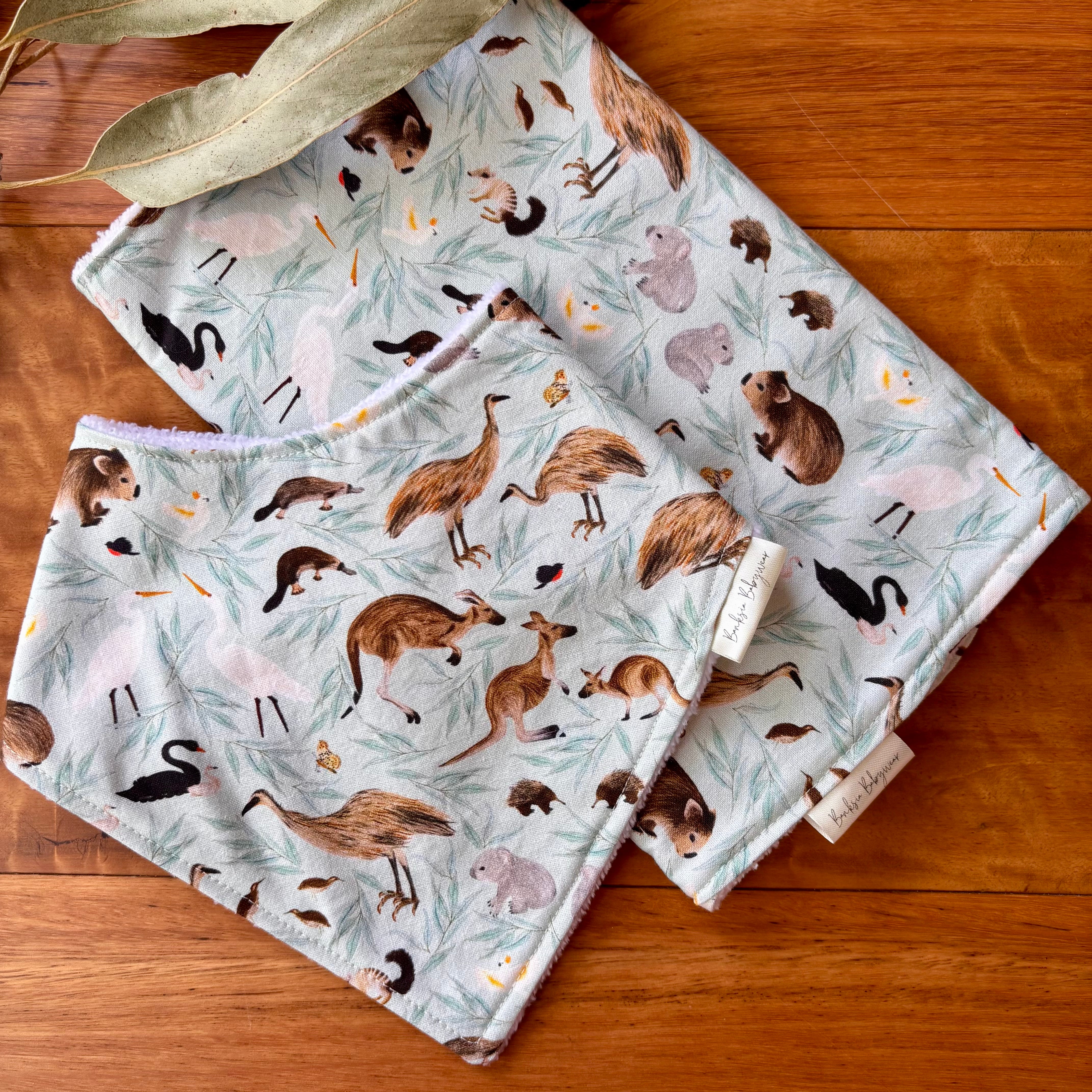 Baby Bib and Burp Cloth Set - Leafy Aussie Animals