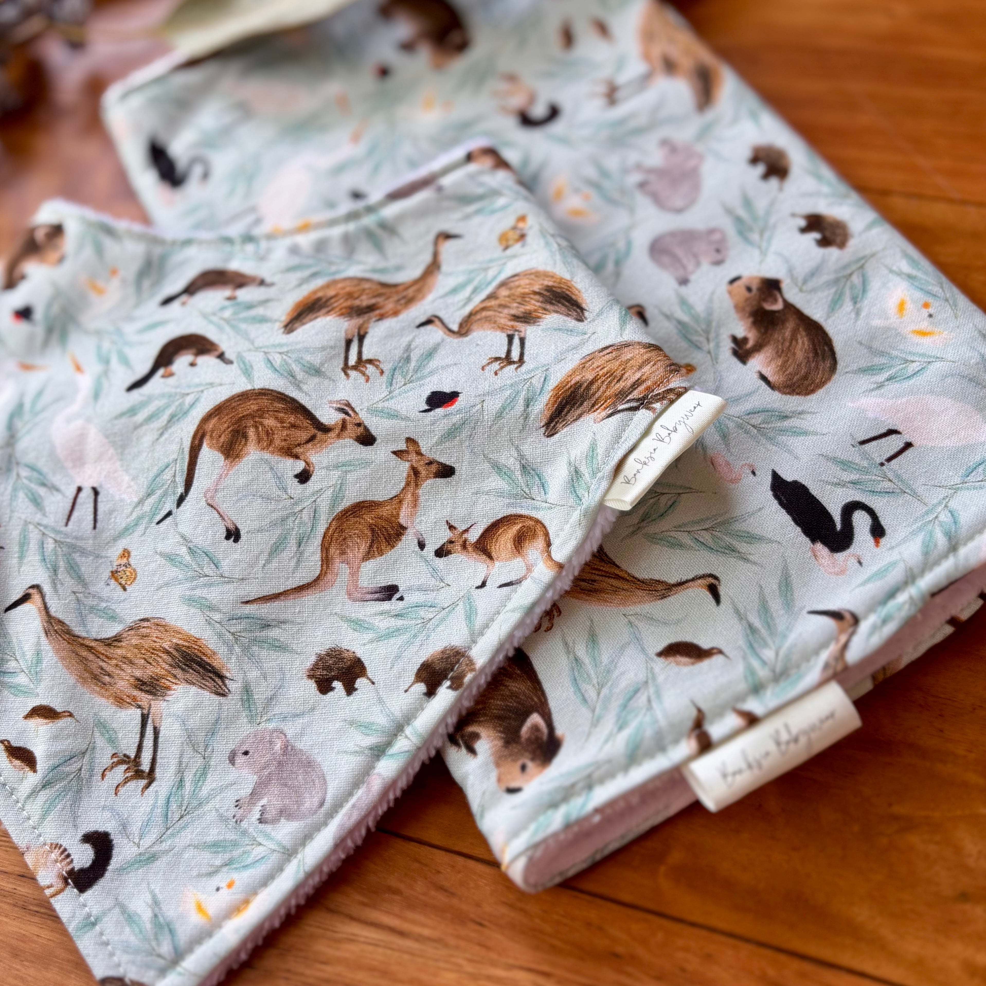 Baby Bib and Burp Cloth Set - Leafy Aussie Animals