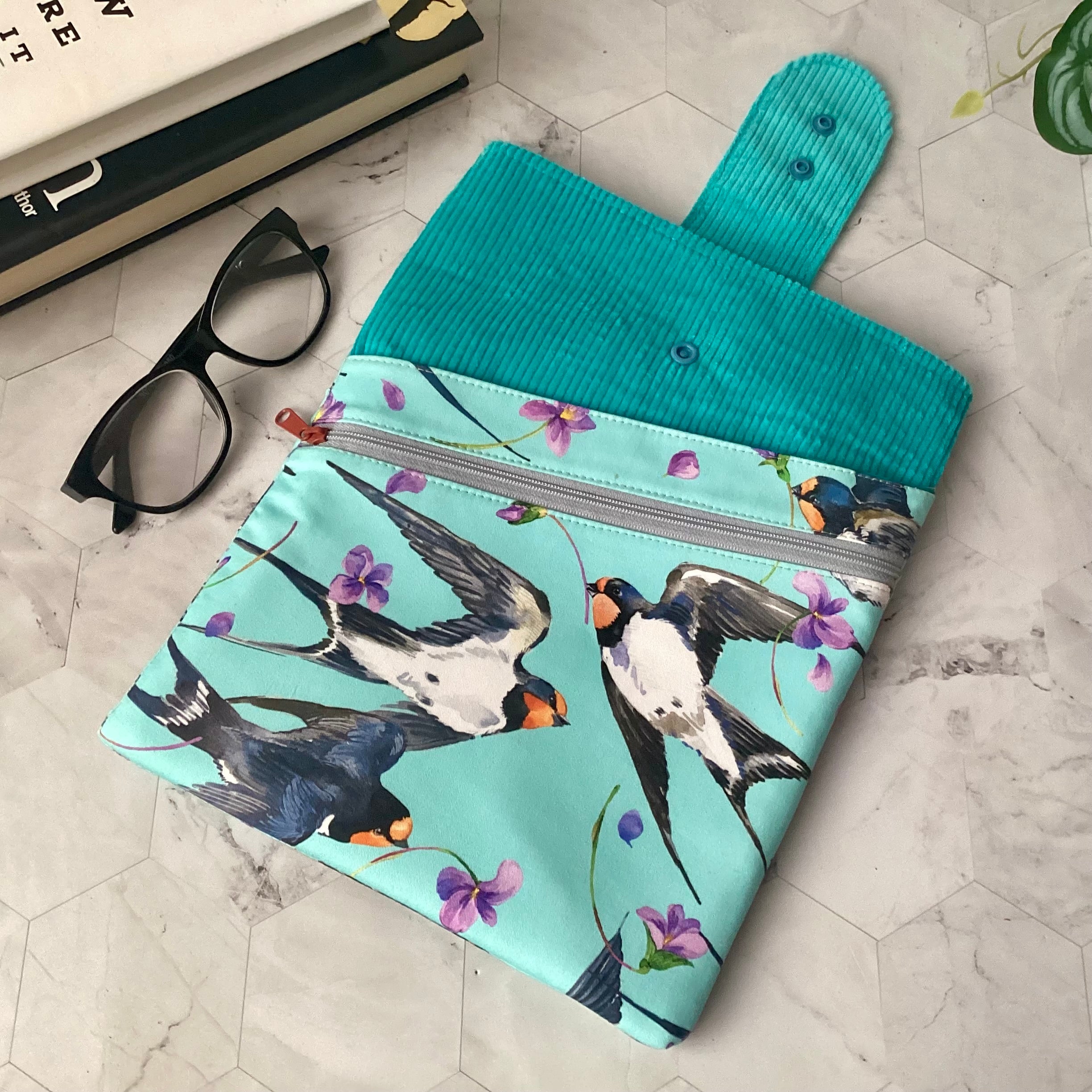 Swallows birds fabric book sleeve with 2 pockets. iPad, tablet pouch