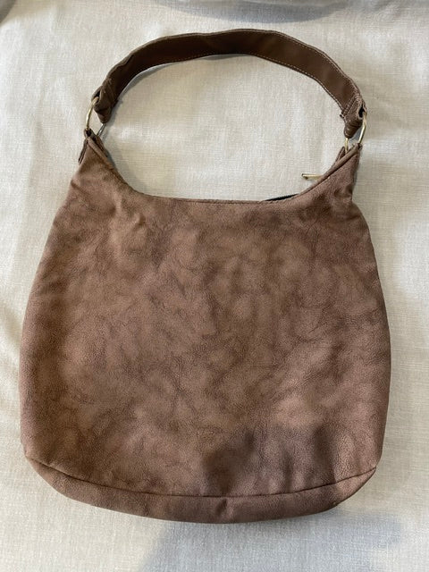 Brown Faux Leather-Look Fabric Slouch Bag