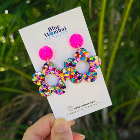 Resin Glitter Colourful Flower Dangle Earrings