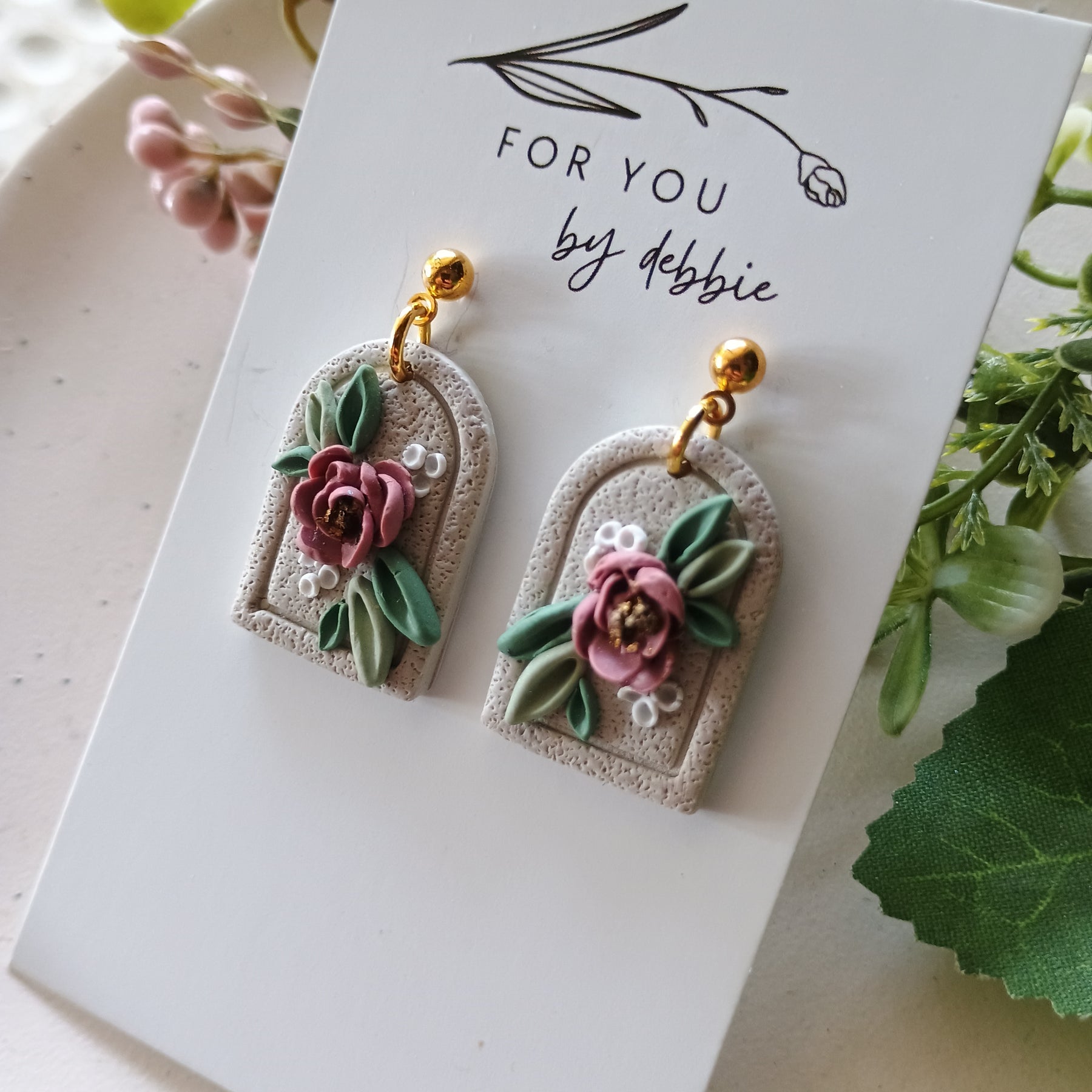 Forever flowers polymer clay dangle earrings- beige and rose