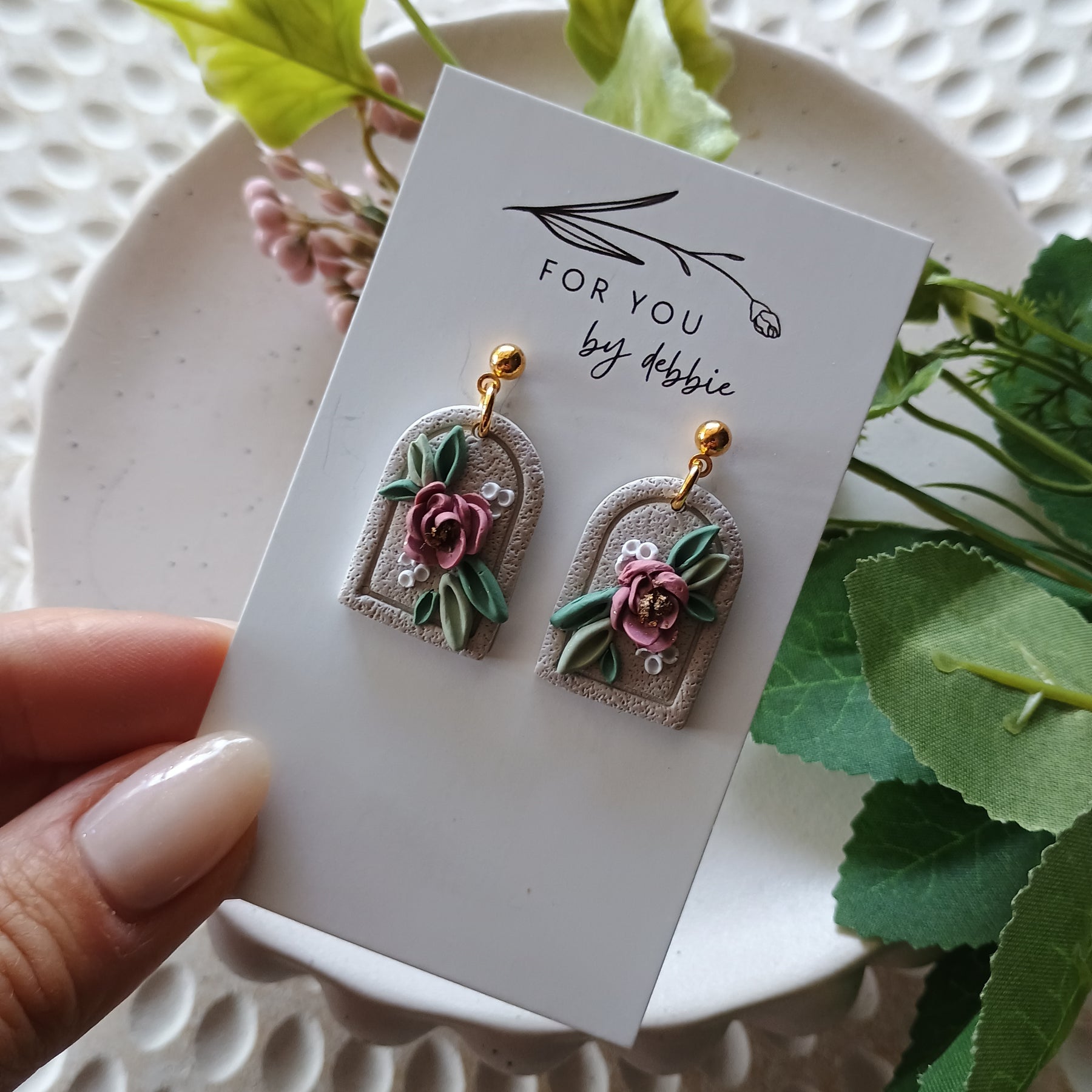 Forever flowers polymer clay dangle earrings- beige and rose