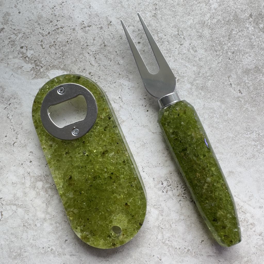 Resin bottle opener and cheese knife set with peridot