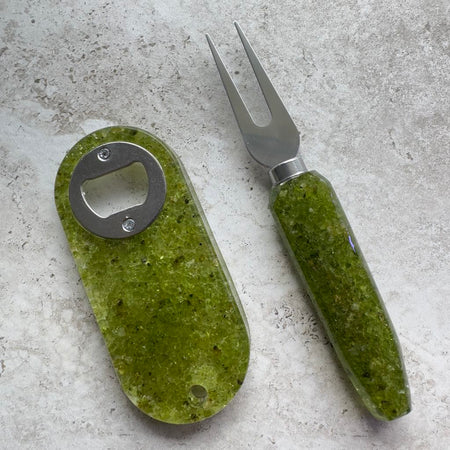 Resin bottle opener and cheese knife set with peridot