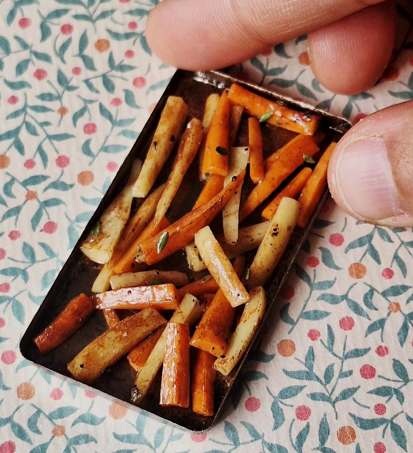Honey roasted Carrot and Parsnips (with metal serving spoon)