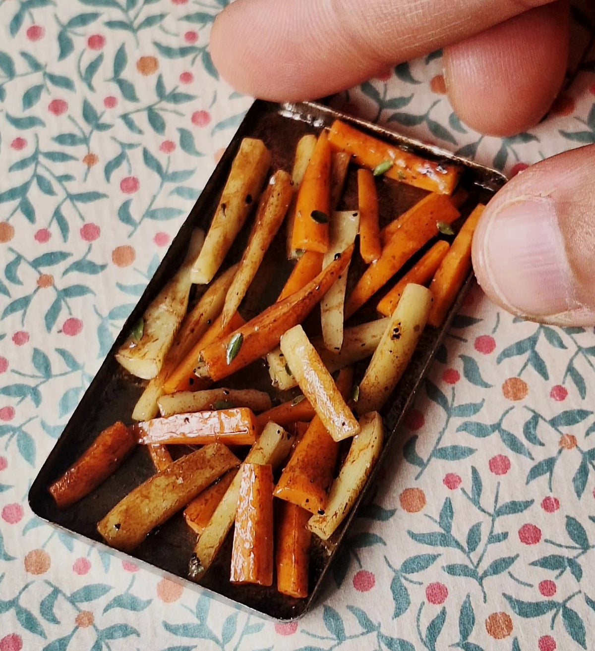 Honey roasted Carrot and Parsnips (with metal serving spoon)