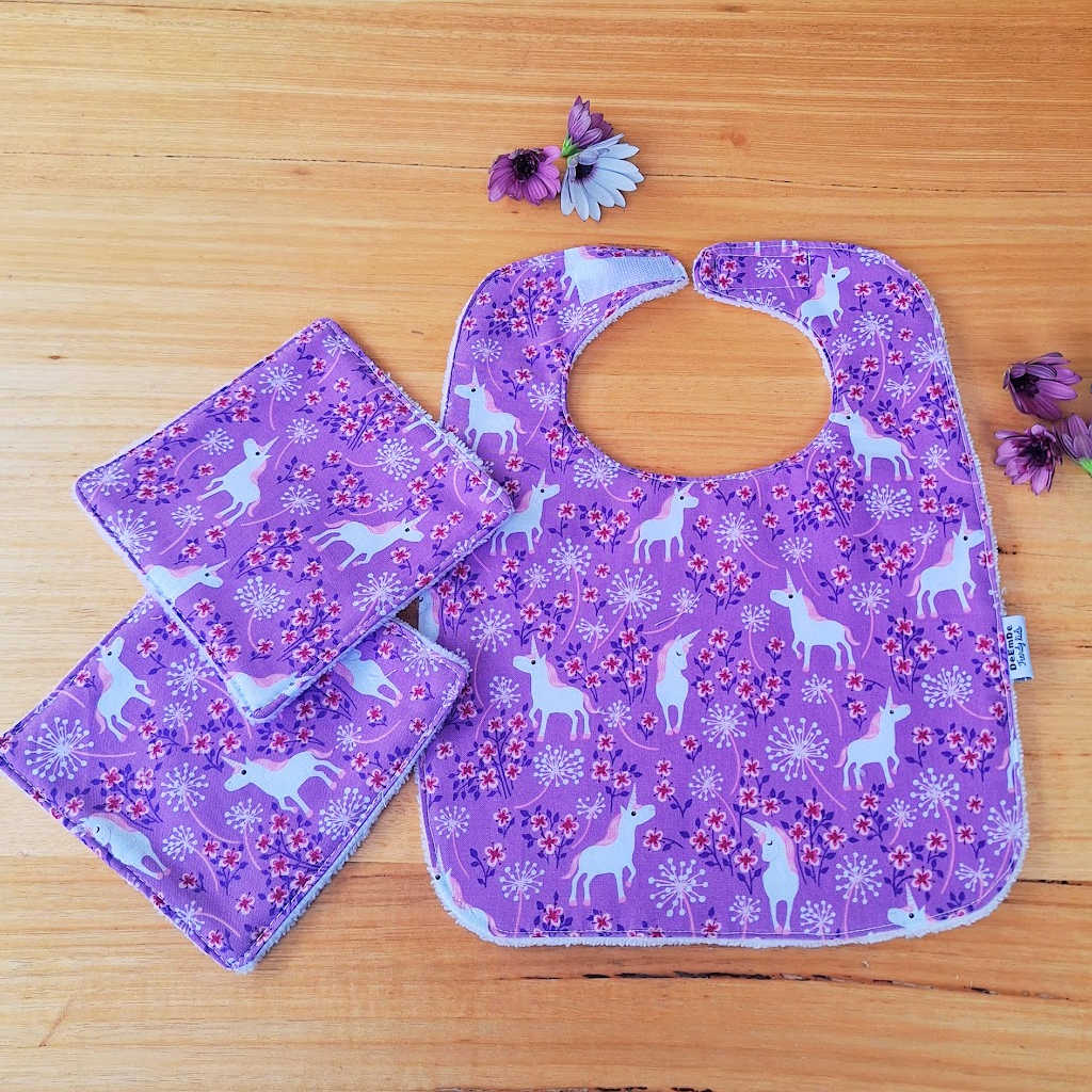 Baby Unicorn Bib & 2 Washcloth Set – Handmade in Tasmania